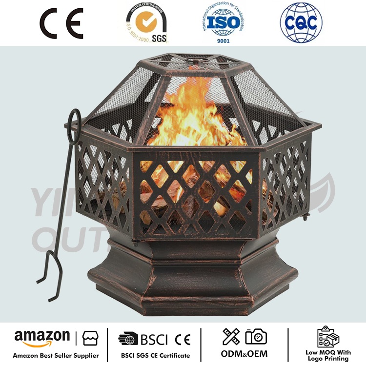 Hexagon Trä Brons Finish Steel Fire Pit